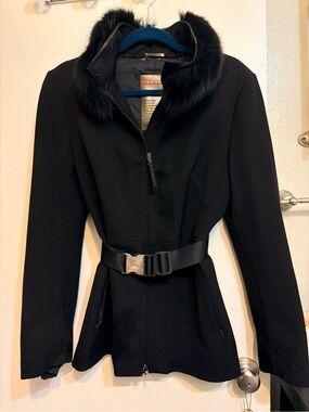 Vintage Prada Black Belted Coat with Fox Fur Collar